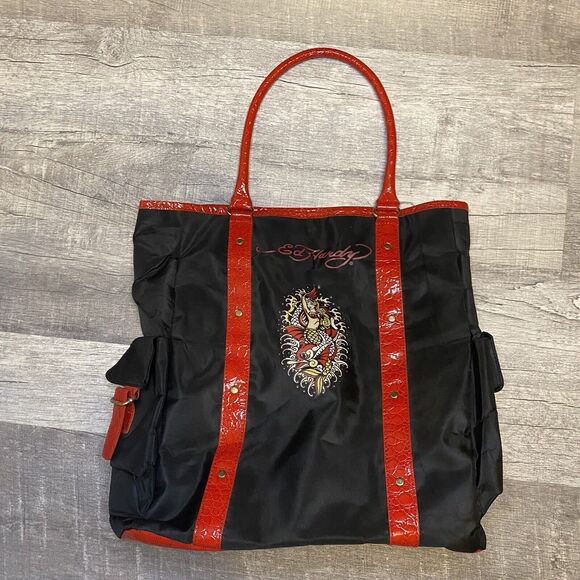 Ed Hardy Nylon Red and Black Mermaid Shoulder Tote Bag - Picture 5 of 12